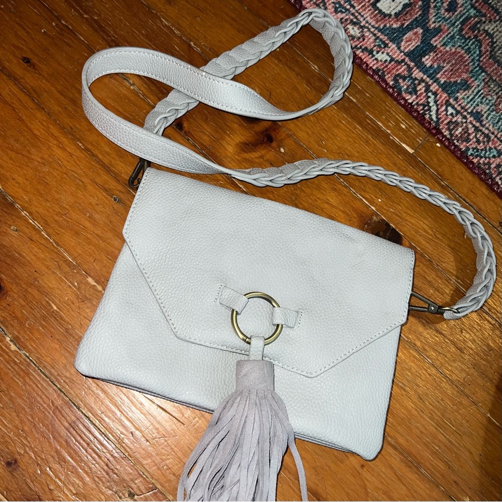 Anthropologie gray leather crossbody bag with tassel and gold hardware